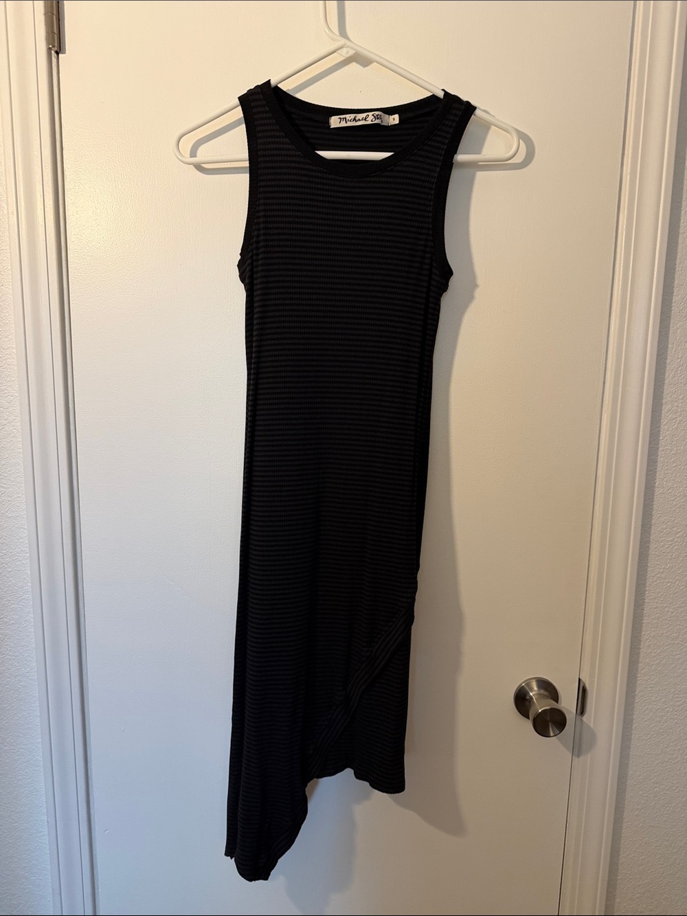 Wilfred Black Striped Sleeveless Asymmetrical Midi Dress